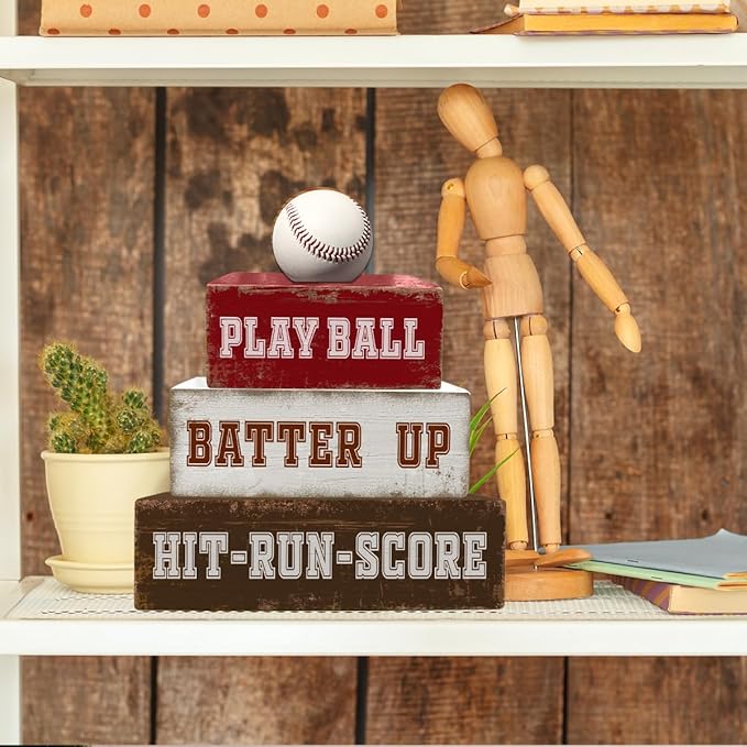 4 Pcs Baseball Table Decorations Sports Wooden Desk Sign Baseball Tiered Tray Decor Tabletop Centerpiece for Birthday Party Home Bedroom Teens Room Mantel Shelf
