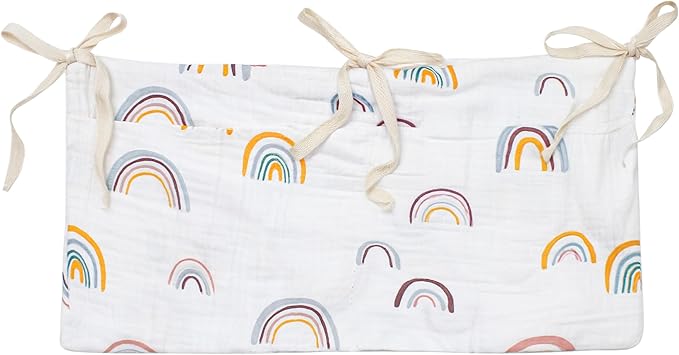 Crib Hanging Storage Organizer Bag, Baby Bedside Cribs Pocket, Cotton Material, Multifunctional Caddy Bags for Organizing Drool Bibs Diaper Bed-Bunk Nappy Milk Bottle Dormitory (Rainbow White)