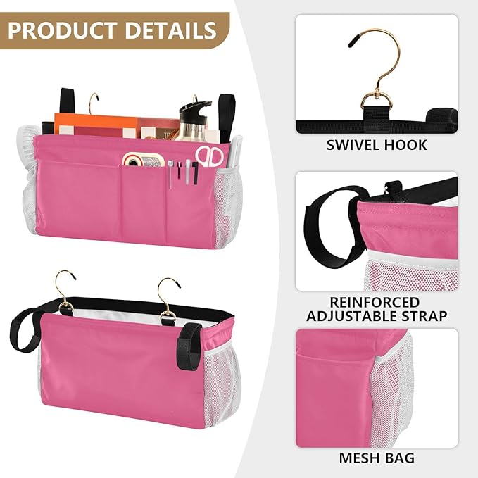 DOMIKING Neon Pink Bedside Caddy for Dorm Bed Recliner Armrest Organizer with Hooks Haning Storage Bag for Couch Recliner Remote Control