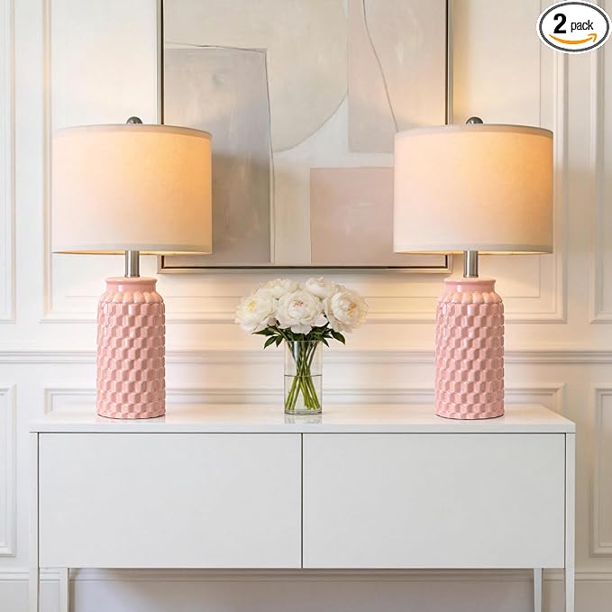 20.5" Small Bedside Lamps Set of 2 with 5FT Cord, Pink Ceramic Modern Farmhouse Table Lamps for Nightstand, Living Room, Bedroom, 3D Honeycomb Stylish End Table Lamps(Bulb Not Included)