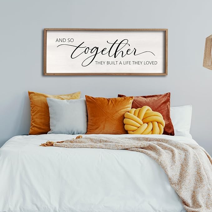 comurdyo And So Together They Built A Life They Loved Framed Wood Farmhouse Sign - 40'X15' Master Bedroom Above Bed Wall Art for Love Sign Decor (Wood)