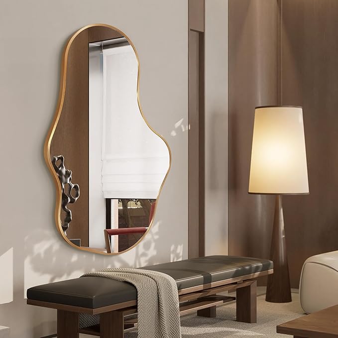Bathroom Mirrors for Over Sink - Wall Mirrors Decorative 26"x 43" Asymmetrical Abstract Aviation Aluminum Alloy Frame Unique for Bathroom, Bedroom, Living Room, Cloakroom, Entryway Gold