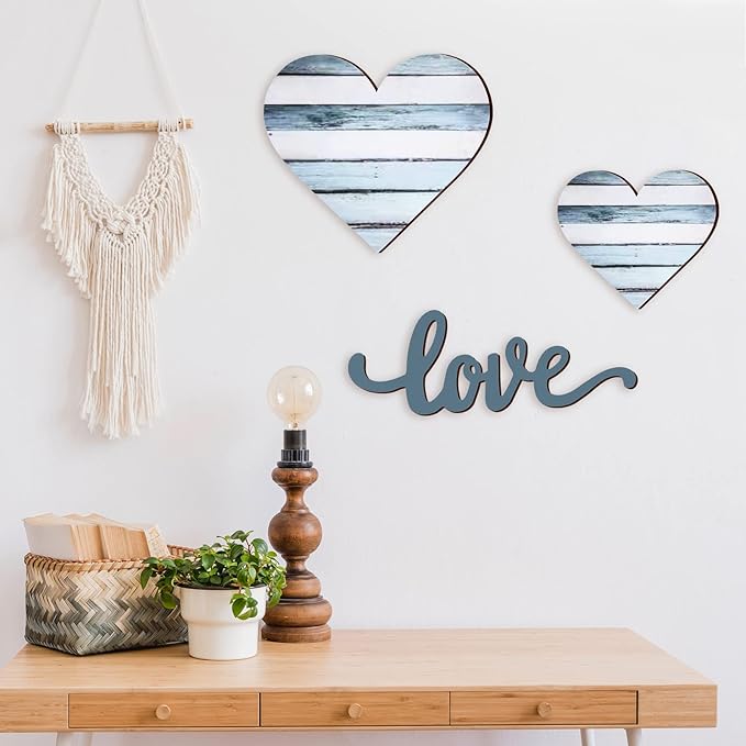 3 Pcs Wooden Hearts Decor Heart Wooden Sign Rustic Hanging Love Plaque for Wall Home Farmhouse Living Room Bedroom Gifts(Blue)