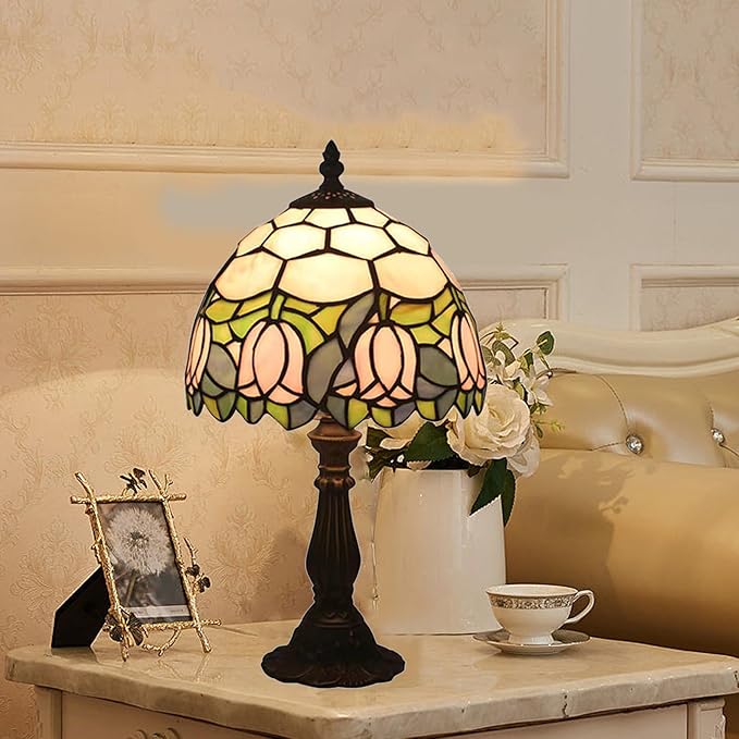 Tiffany Style Table Lamp, Pink Tulip Stained Glass Lamp, 8 Inch Small Antique Lamp, for Bedside Nightstand Bedroom Living Room Home Office, Include LED Bulb