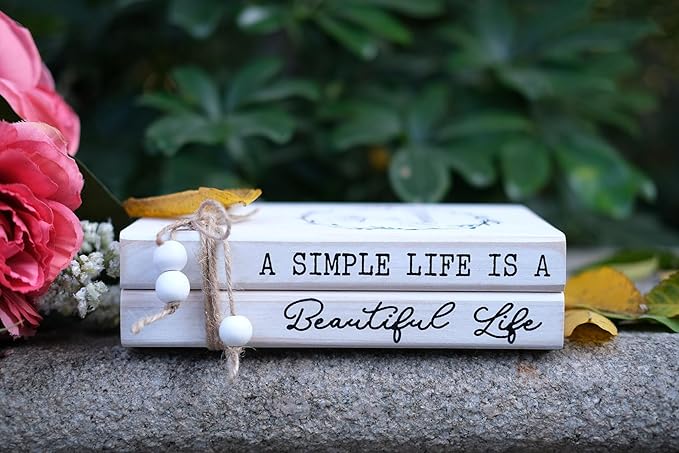 LIVDUCOT Decorative Books for Home, White Faux Books for Decoration, Rustic Farmhouse Display Wood Book Stack Coffee Table Decor Set of 2 (A Simple Life Is A Beautiful Life)
