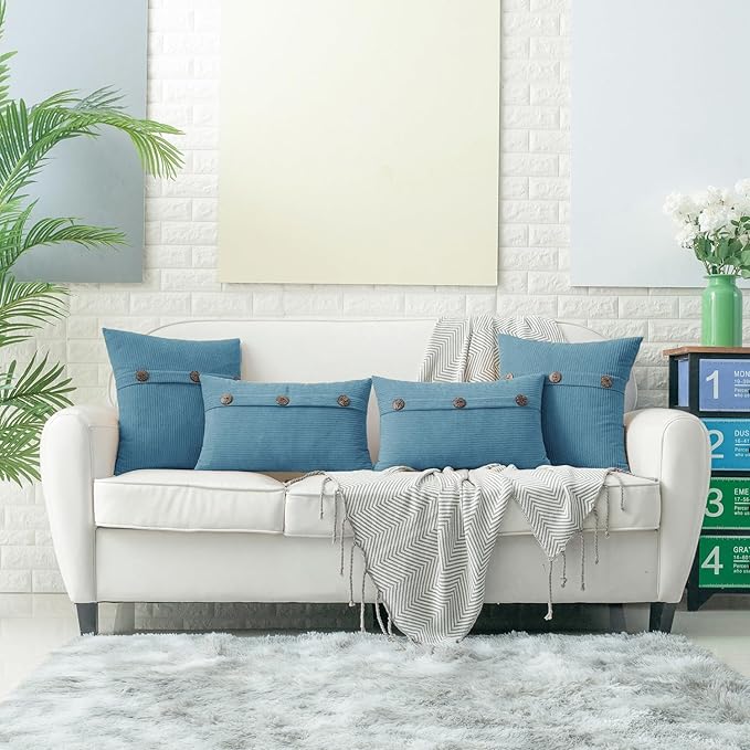 HWY 50 Smoke Blue Chenille Throw Pillow Covers 16x16 Inch with Triple Buttons, Soft Farmhouse Accent Decorative Cushion Cases for Couch Sofa Bed Bedroom Pack of 2