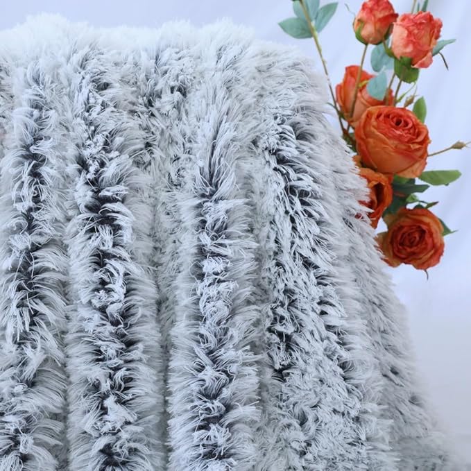Plush Super Soft Blanket Bedding Sofa Cover Furry Fuzzy Fur Warm Throw Qulit Cozy Couch Blanket for Winter (51"x63",Dark Gray and White)