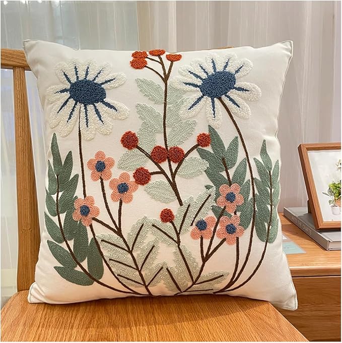YIcabinet Pillow Covers Set of 2, Embroidered Leaves Pattern Throw Pillow Cover,Square Cotton Cushion,Pillow Case for Sofa Bedroom Couch,18"x18"
