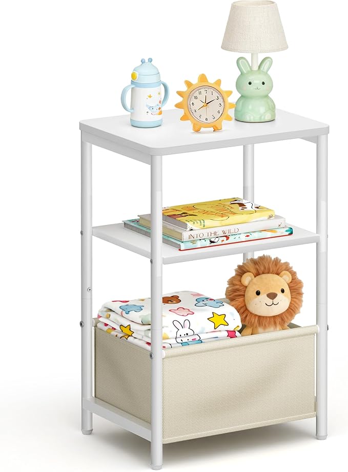 MISSLO Nursery Side Table for Living Room with Storage Basket Small End Tables for Small Spaces Kids Nightstand with Large Tabletop White Bedside Table Toddler Night Stand for Bedroom, Sofa, Dorm