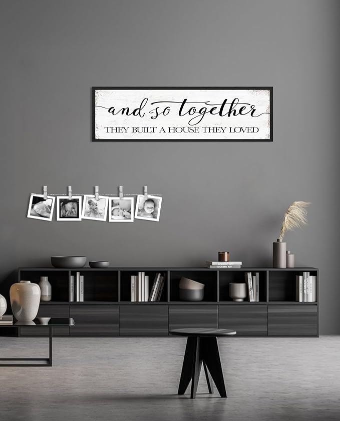Farmhouse Wall Decor For Living Room: And So Together They Built A House They Loved Sign, House Warming Gifts New Home, Master Guest Bedroom Decor for Couples, Decorative Wall Art Plaques 40x12