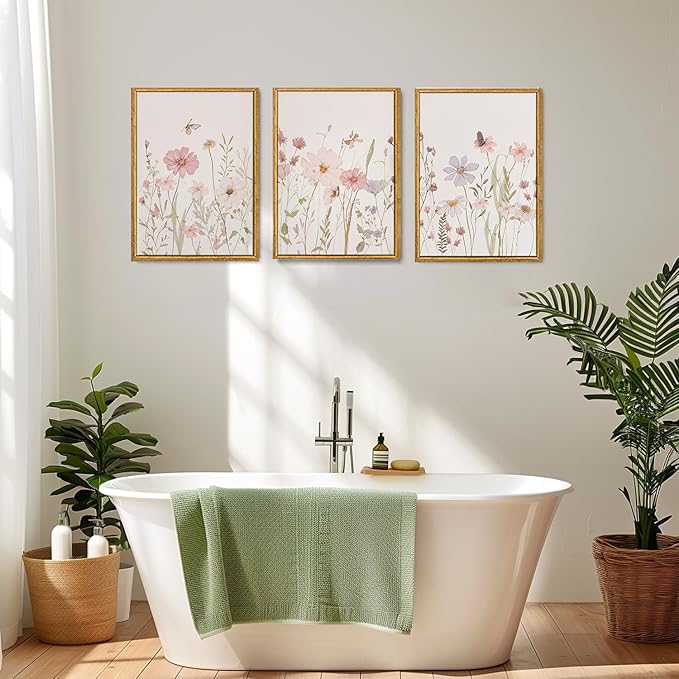 Wodkwq 3 Piece Wildflower Canvas Wall Art Framed,Pink Watercolor Flower Wall Decor,Vintage Floral Pictures,Botanical Nursery Prints For Bedroom,Living Room 16x24in