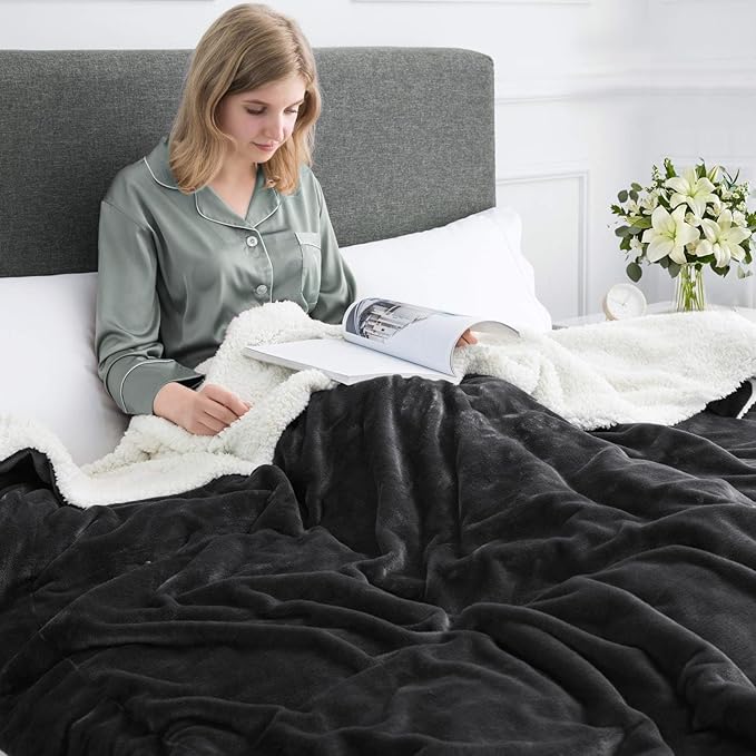 MOONLIGHT20015 Black Sherpa Fleece Throw Blanket Twin Size for Bed - Wholesale Bulk Pack of 12 Sherpa Blankets - Soft Fluffy Throw Blankets for Hotels, Guest Bedroom, 60x80 Inches