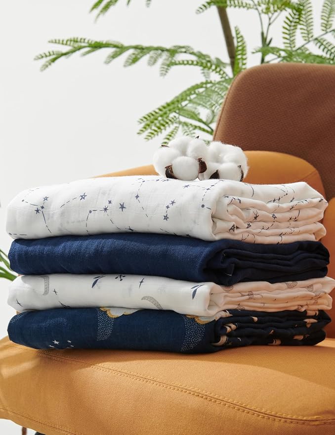 Momcozy Muslin Swaddle Blankets, 4-Pack Breathable and Skin-Friendly Receiving Blankets, Swaddle Blanket Shower Gifts & Baby Registry Essentials, Large 47"x47", Midnight Star Clouds