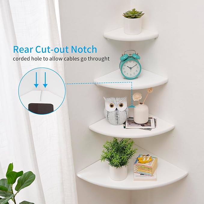 Corner Shelf, White Solid Oak Wood Floating Corner Shelf Wall Mount Round End Floating Speaker Shelf Display Shelf for Small Plant Photo Frame (White, 16in)