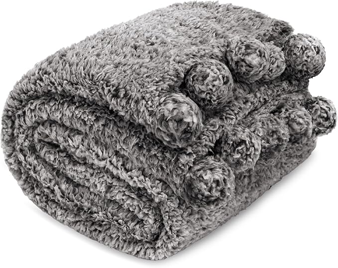 PAVILIA Grey Sherpa Throw Blanket for Couch, Warm Plush Pom Blanket Throw, Gray Fuzzy Sofa Throw, Lightweight Soft Cozy Fluffy Blanket with Pom Poms, Heather Grey, 50x60