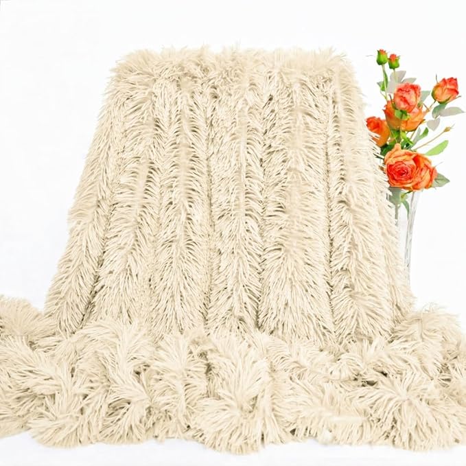 Luxurious Shaggy Throw Blanket, Faux Fur Furry Fuzzy Blanket, Long Pile Plush, Soft Fluffy Texture for Couch, Bed, Living Room Decor(51x63 Inches,Khaki)