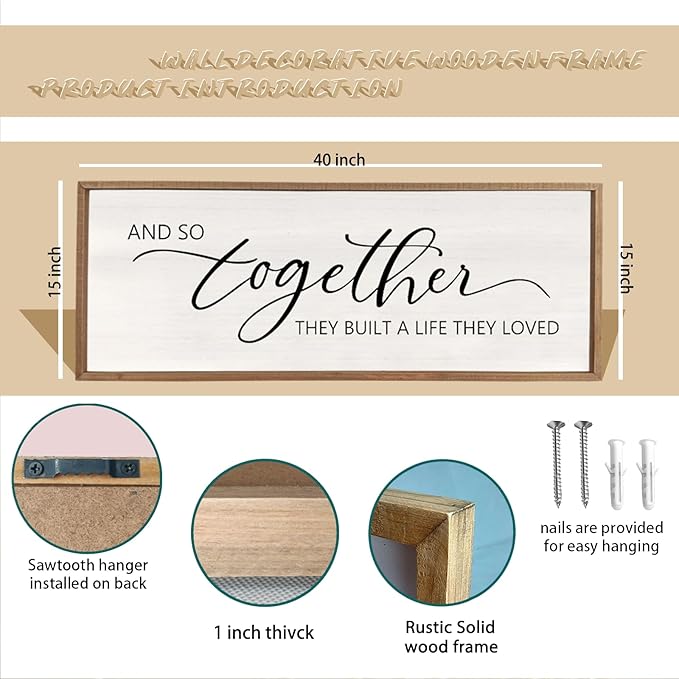 comurdyo And So Together They Built A Life They Loved Framed Wood Farmhouse Sign - 40'X15' Master Bedroom Above Bed Wall Art for Love Sign Decor (Wood)