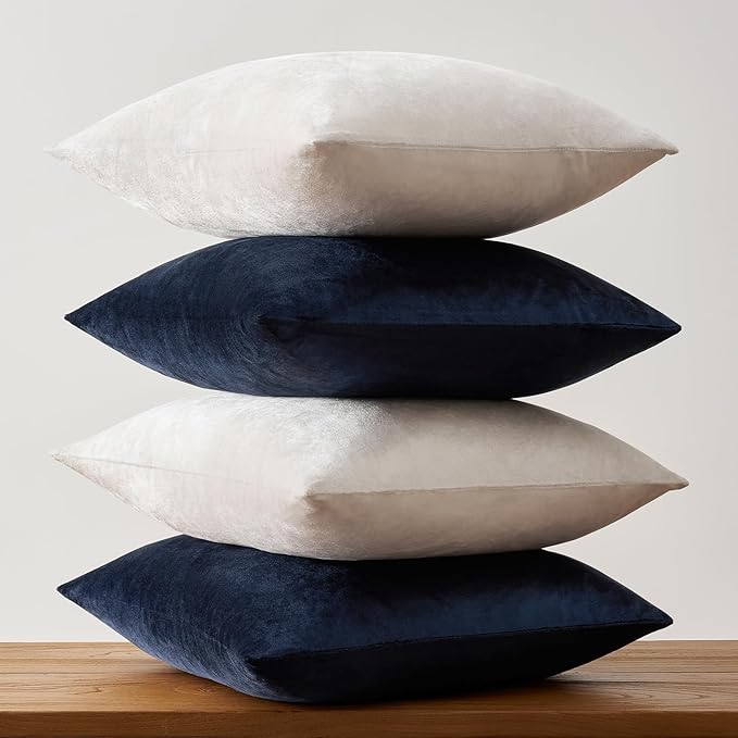 GIGIZAZA Decorative Velvet Pillow Covers - 18x18 Throw Pillows Soft Navy Blue Beige Covers Accent for Couch Living Room Bed Square Modern Luxury Cushion Covers Home Decor Set of 4