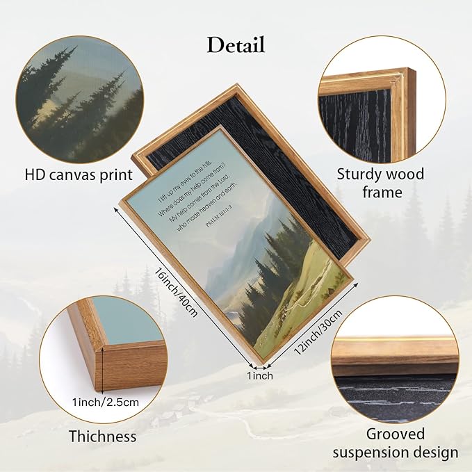 CHDITB Spiritual Scripture Framed Canvas Wall Art, Neutral Bible Verse Psalm Wall Decor, Forest Mountain Wall Painting, vintage Faith Based Uplifting Prints for Home Church Prayer Room Decor 12”x16”x3