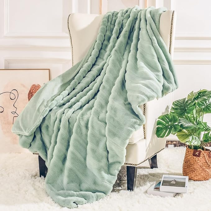 NEXHOME PRO Faux Fur Throw Blanket Sage Green, Soft Cozy Plush Fleece Blanket for Sofa Couch Bed Living Room, Dual Sided Blankets for Women Men Kids 50 * 60 Inches