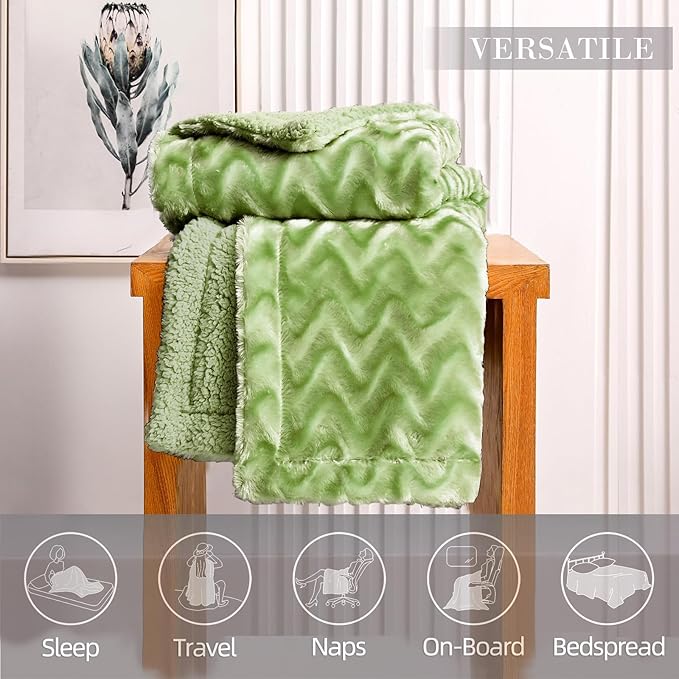 Whale Flotilla Faux Fur Sherpa Twin Size Blanket for Bed, Cozy Reversible Fuzzy Fluffy Plush Blankets for All Season, Warm and Soft, 60x80 Inch, Sage Green