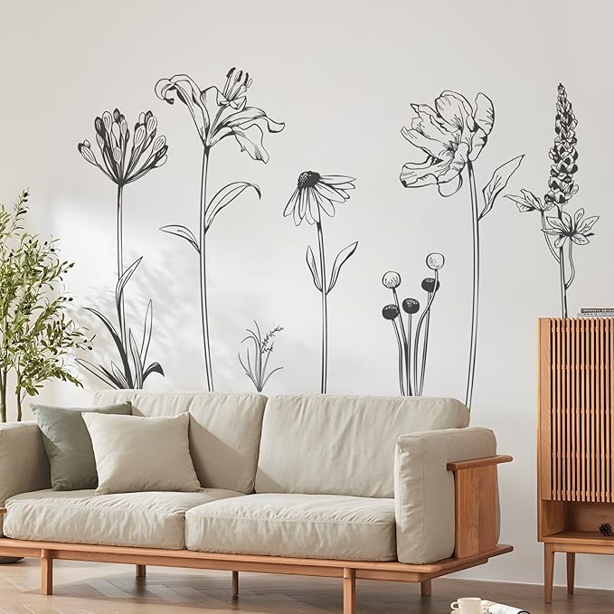 Large Boho Black Flower Wall Decals Simple Sketch Wildflower Floral Wall Stickers for Girls Bedroom Living Room Bathroom Office Adult Home Decor
