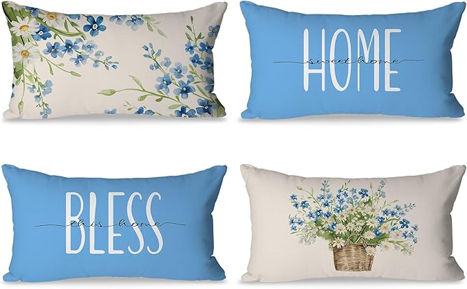 Spring Pillow Covers 12x20 Inch Set of 4 Home Sweet Home Daisy Floral Blue Throw Pillows Decorative Pillow Cases Summer Seasonal Farmhouse Decorations for Sofa Couch