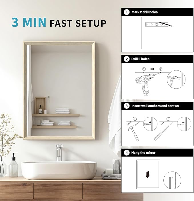 Oak Wood Effect Framed Wall Mirror, 32x40 Rectangle Mirror, Anti-desilvering Tempered Glass, Sustainable& Sturdy Frame, Anti-Rust, HD Reflection &3min Fast Setup for Bathroom Living Room
