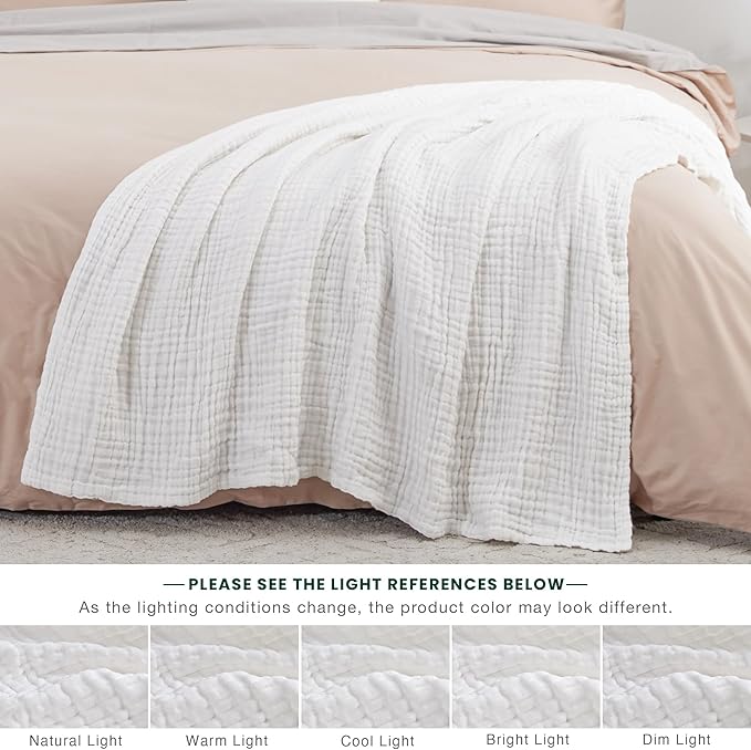 Love's cabin 100% Cotton Muslin Blanket, 6 Layer Lightweight Breathable Gauze Large Throw Blanket 50 x 70 Inches, Soft Cooling All Season Blanket for Couch or Sofa, White