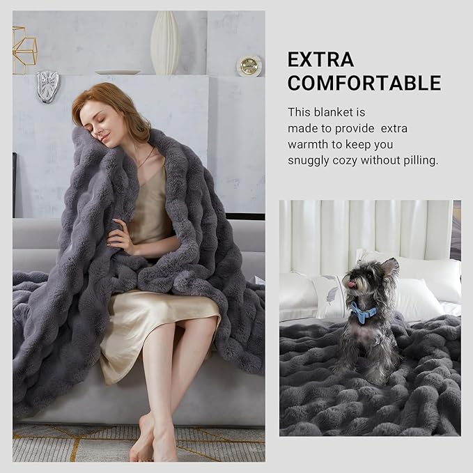 SAPHREAS Faux Fur Throw Blanket for Couch, Fluffy Fuzzy Bubble Blanket for Sofa Bed Living Room, Grey Decor Soft Cozy Gifts for Women Men, 60x80” Gray