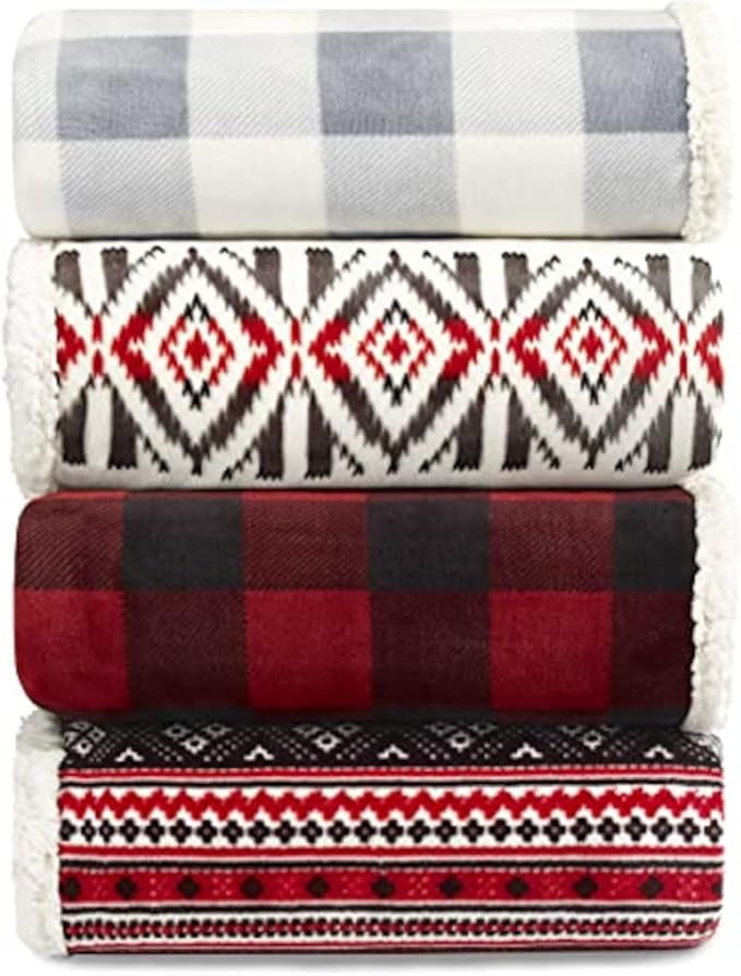 Eddie Bauer - Twin Size Blanket, Ultra-Soft Plush Bed Blanket with Faux Shearling Reverse, Oversized Bedding for Couch or Bed (Mountain Village Red)