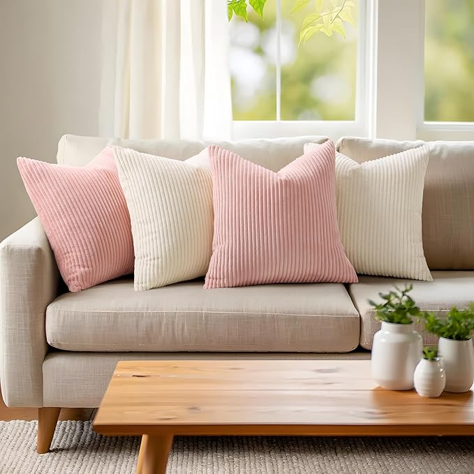 Mecatny Corduroy Spring Decorative Throw Pillow Covers 18x18 Set of 2 for Sofa Living Room, Soft Neutral Boho Couch Pillow Covers for Home Decor, Cream White