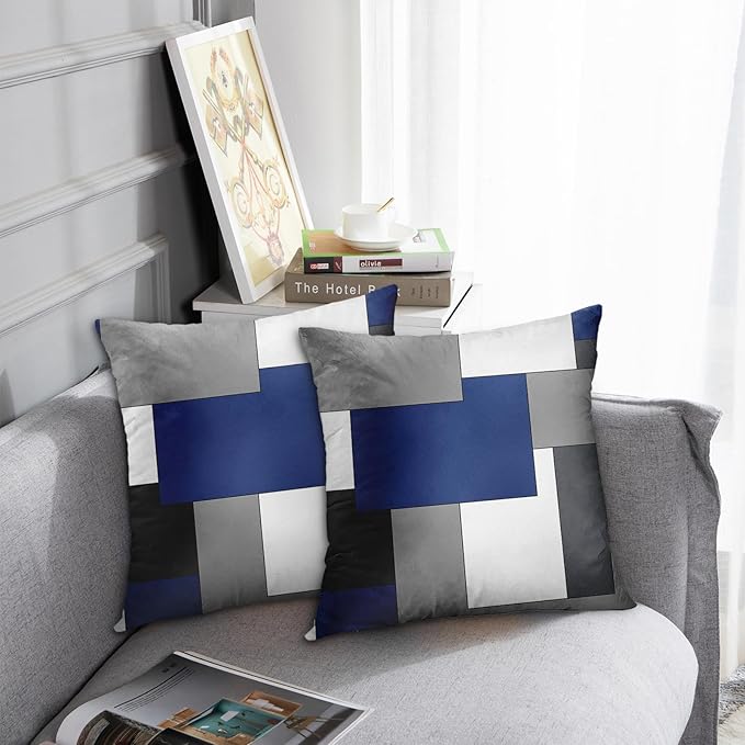 Emvency Set of 2 Dark Blue Geometric Throw Pillow Cover Black Grey White Painting Abstract Checkered Design Decorative Pillow Case Modern Home Decor Standard Square 18x18 Inch Cushion Pillowcase