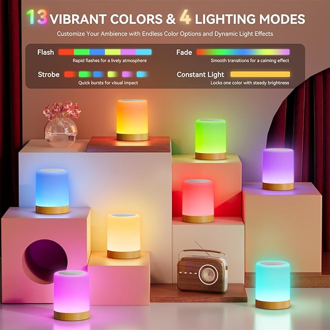Auxmir LED Night Light Bedside Lamp Touch and Remote Control Dimmable Tabletop 13 Colors Changing 5 Brightness Adjustable Rechargeable Portable Lamp for Baby Kids Bedroom Living Room Outdoor Camping