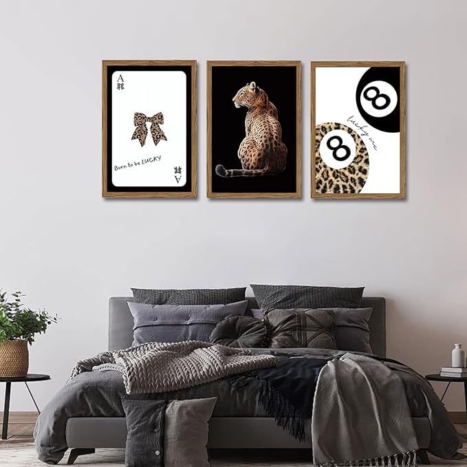 Trendy Cheetah Wall Art Set of 3 Black and White Leopard Bow Wall Decor Painting Lucky 8 Ball Poster Canavs Print Aesthetic for Bedroom Living Room 12x16 inch Wood Framed