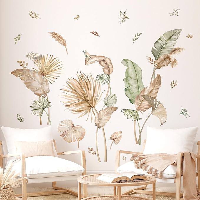 Decalmile Boho Tropical Leaves Wall Decals - Palm Leaf Green Plants Wall Art Stickers for Living Room, Sofa, TV Background