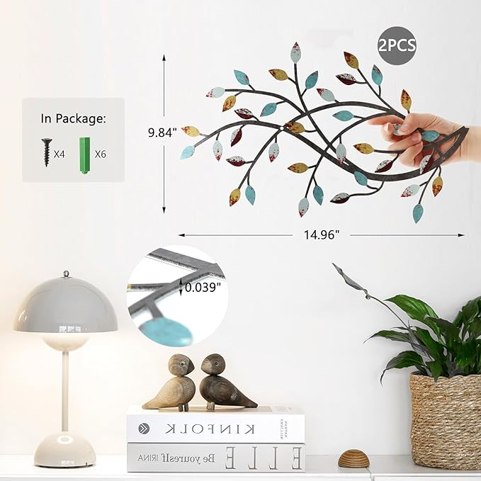 Meltset Metal Tree Leaf Wall Decor, Vine Olive Leaf Branch Wall Art, Wrought Iron Scroll Artwork, Decorative Wall Sculptures Above The Bed, Living Room, Hallway, Indoor and Outdoor（S/Farmhouse）
