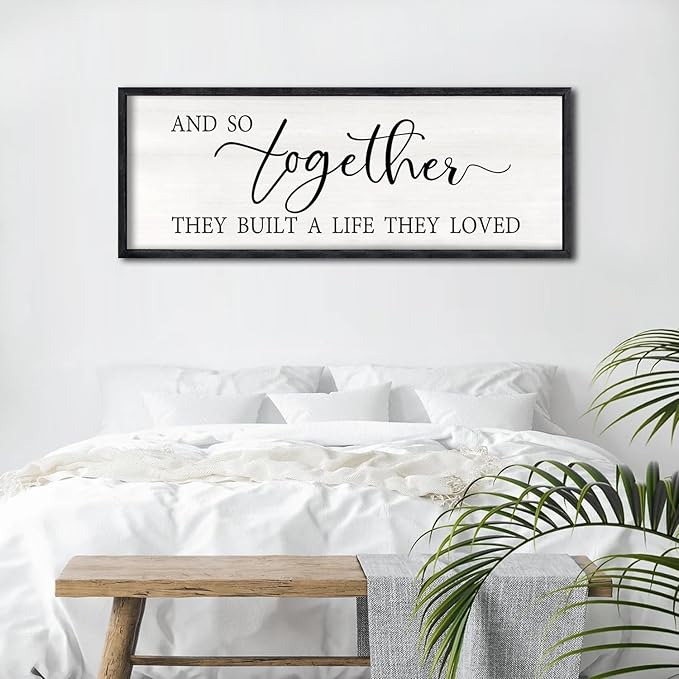 Foutcheou And So Together They Built a Life They Loved Sign: Large Above Bed Wall Decor 32"×12" for Bedroom Over Bed Wall Art Hanging (Black)