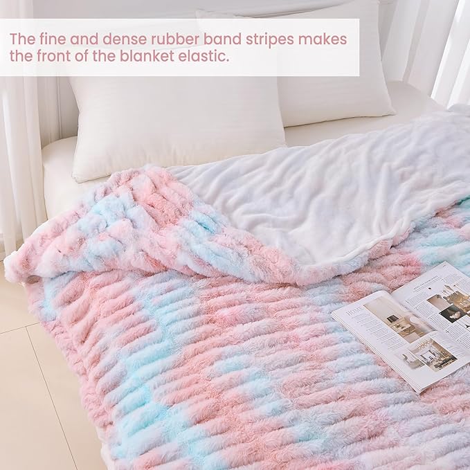 Softan Extra Soft Faux Fur Blanket, Warm Striped Faux Fur Throw Blanket with Flannel Fleece Reverse for Couch Sofa Bed Living Room, Pink Blue- 60"x 80"