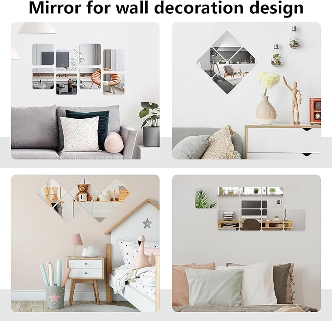 Wall Stickers - Unbreakable Self-Adhesive Mirror Tiles for Bedroom, Home, Gym, Door - Acrylic Shatterproof Sheets, Panels (8x8 Inch, 4 Pcs)