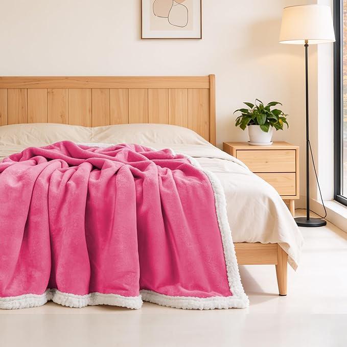 BEAUTEX Sherpa Fleece Throw Blankets, Soft Fluffy Flannel Plush Blanket and Throw, Fuzzy Cozy Pink Cuddle Blankets for Couch Bed Sofa Adults (50" x 60", Pink)