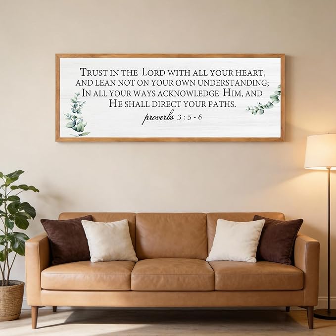 Trust in the Lord with All Your Heart Wall Art: 40"x15" Framed Bible Verse Wooden Sign, Proverbs 3:5–6 Christian Wall Decor, Large Rustic Scripture Home Decor, Natural