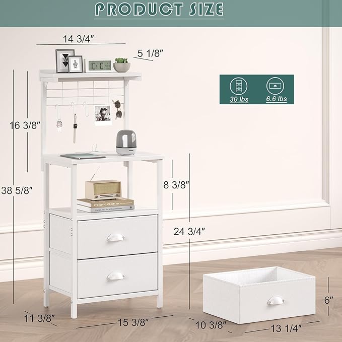 Tall Nightstands with Charging Station, LED Night Stand Bedsides with 2 PU Finish Fabric Drawers,Hooks,USB Port and Oepn Storage Shelves,Tall End Table Bedside for Bedroom,Office, White