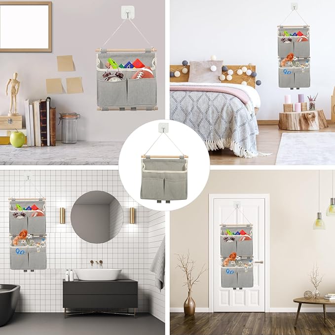 4 Pcs Wall Hanging Storage Caddy Bags, Wall Hanging Organizer Bag with Hooks, Linen Cotton Fabric Hanging Wall Door Organizer, Waterproof Hanging Pouch File Magazine Wall Mount Organizer for Bedroom