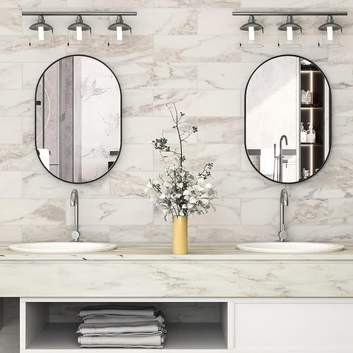2 Piece Oval Bathroom Mirror Capsule Wall Vanity Mirror, 20"x30" Pill Mirrors Wall Mounted Mirror, Large Modern Mirror with Black Metal Frame, Decor for Entryway, Bedroom, Living Room