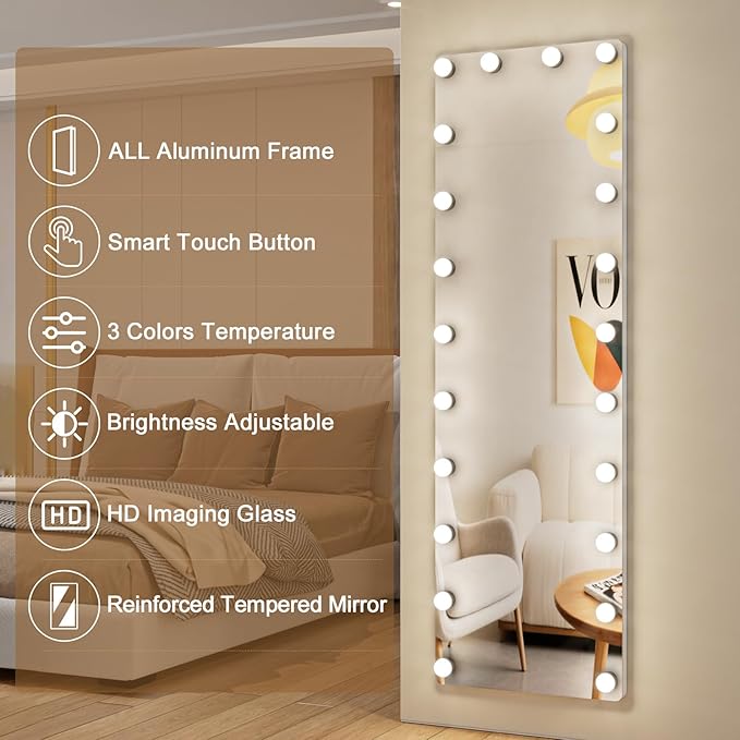 Kosmonia 64x22 Hollywood Full Length Mirror with Light, 22 Dimmable Bulbs & 3 Color Smart Touch Control, Distortion Free, Tempered Glass & Shatter Proof Film, Safe Full Body Mirrors with Stand