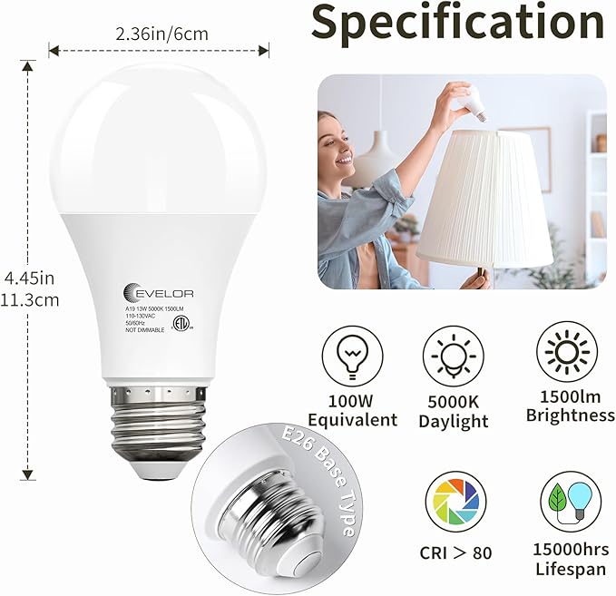 4-Packs A19 LED Light Bulbs,100 Watt Equivalent 5000K Daylight Bright Bulbs Efficient 13W,1500 Lumens E26 Base, Non-Dimmable, 15000-Hour Lifespan for Bedroom, Living Room, Office