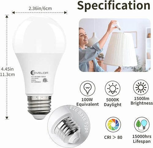 4-Packs A19 LED Light Bulbs,100 Watt Equivalent 5000K Daylight Bright Bulbs Efficient 13W,1500 Lumens E26 Base, Non-Dimmable, 15000-Hour Lifespan for Bedroom, Living Room, Office