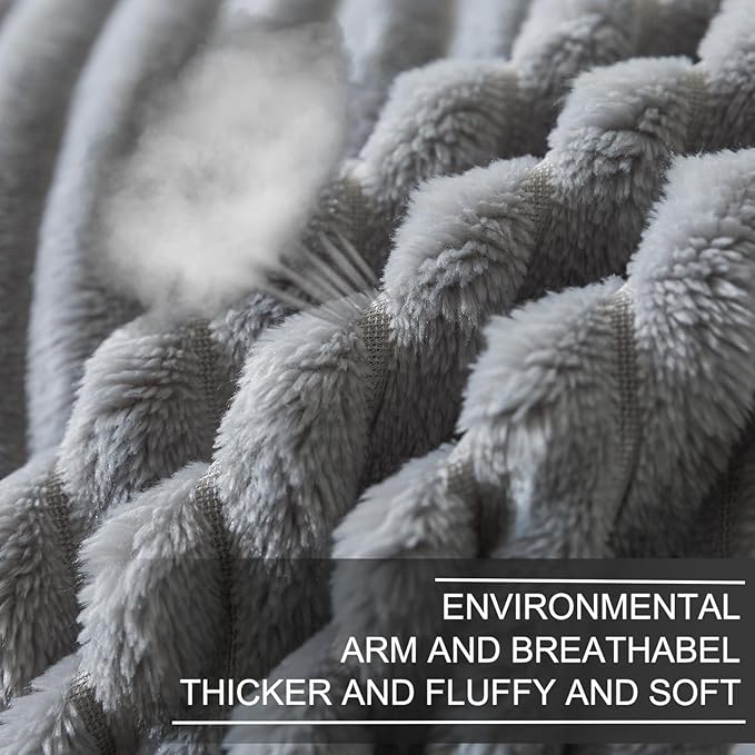 Richave Cuddly Queen Size Blanket, Premium Lightweight Anti-Static Fluffy Fleece Blanket with Striped Pattern, 90x90 Inches, Ash Grey