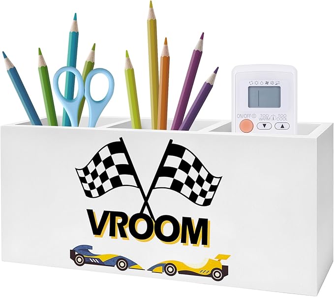 Trendy Race Car Checkerboard Pen Pencil Holder, Gifts for Boys Car Lovers, Vroom Race Cars Pencil Pen Holder Organizer for Toddler Boys Room Bedroom Desk Accessories